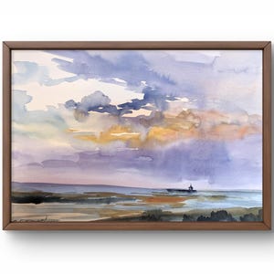 Dipinto ad acquerello paesaggio originale, dipinto su carta, paesaggio marino, arte fatta a mano, natura, senza cornice, paesaggio di nuvole, arte murale