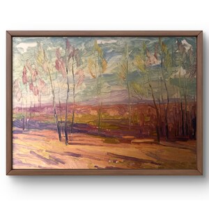 Pintura a óleo paisagem original, pintura a óleo sobre papelão, paisagem de outono com árvores finas e luz suave, arte feita à mão, sem moldura