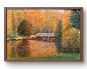 Oil painting landscape original, oil painting on canvas, autumn landscape with bridge, golden autumn, handmade art, framed, wall art