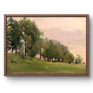 Pintura al óleo original de paisaje, pintura al óleo sobre cartón, prado verde tranquilo con árboles altos contra el cielo, arte hecho a mano, sin marco