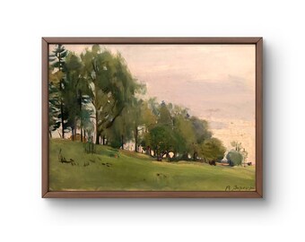 Può includere: Un dipinto di un paesaggio con una fila di alberi su una collina erbosa. Il cielo è rosa tenue e gli alberi sono verdi e marroni. Il dipinto è incorniciato in una cornice di legno marrone.