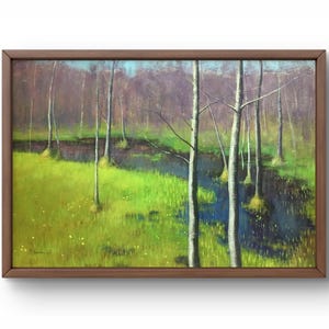 Pintura al óleo paisaje original, pintura al óleo sobre cartón, bosque con hierba verde brillante y arroyo, arte hecho a mano, sin marco, arte de pared