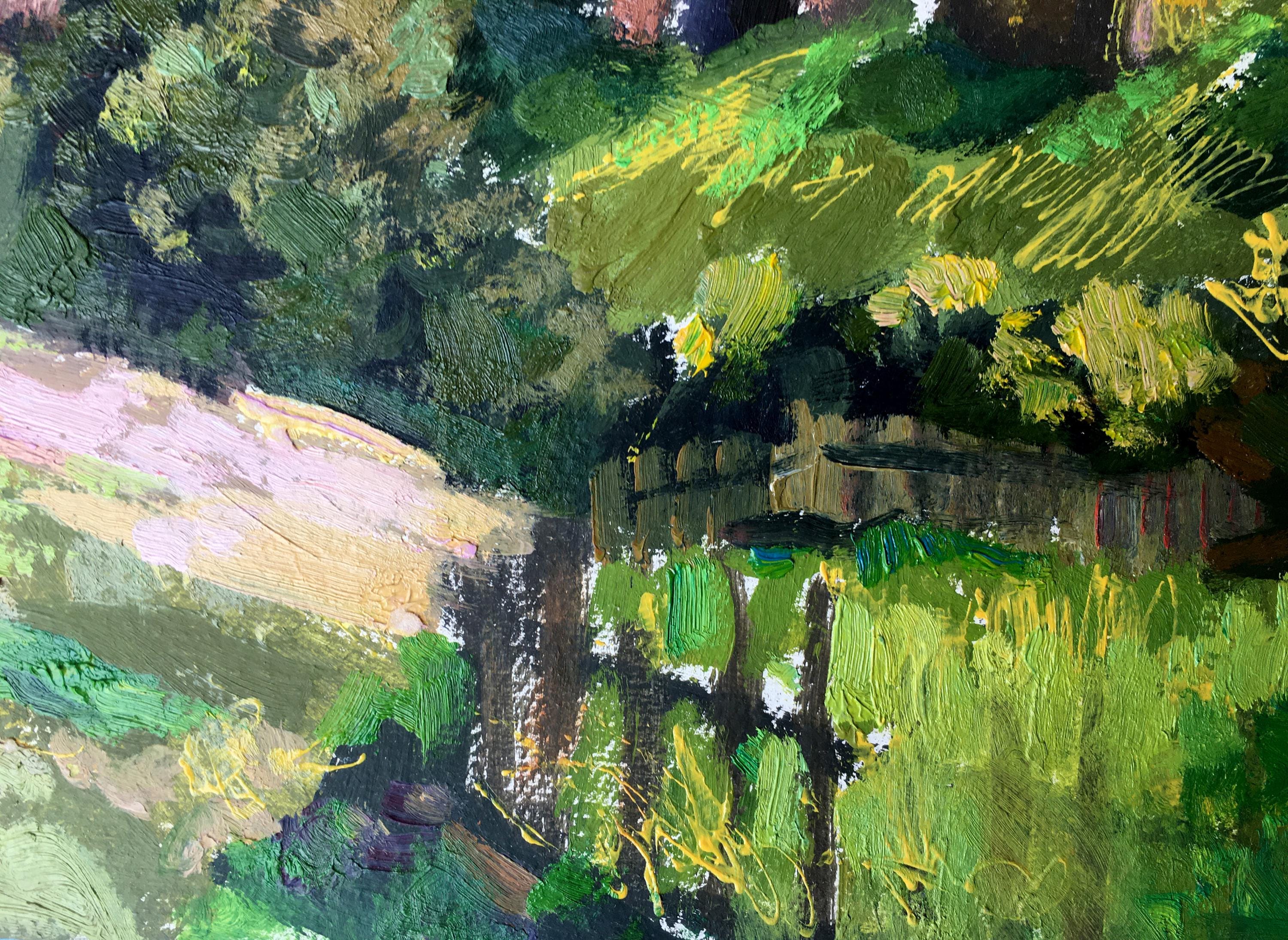 油絵風景画オリジナル、段ボールに描いた絵、山の風景画、手作りアート