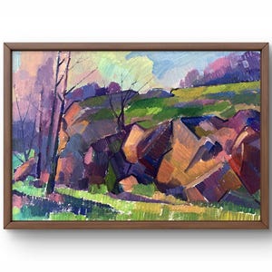 Pintura al óleo paisaje original, pintura sobre cartón, paisaje de rocas, arte hecho a mano, naturaleza, sin marco, paisaje de otoño, arte de pared