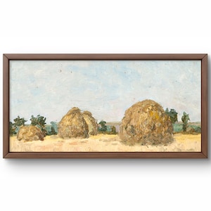 Pintura al óleo paisaje original, pintura al óleo sobre cartón, escena rural con pajares bajo un cielo despejado, arte hecho a mano, enmarcado, arte de pared