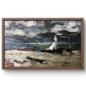 Pintura a óleo paisagem original, pintura a óleo sobre papelão, figura contra o pano de fundo de um céu tempestuoso e linha do mar, arte feita à mão, sem moldura