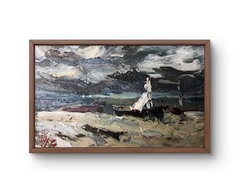 Oil painting landscape original, oil painting on cardboard, figure against the backdrop of a stormy sky and sea line, handmade art, unframed