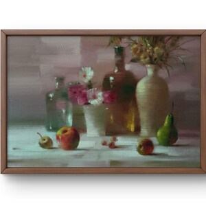 Oil painting still life original, oil painting, a composition of fruits, flowers and vases in soft, muted colors, handmade art, unframed