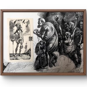 May include: A framed black and white ink drawing of a group of people in a dramatic scene. The drawing is in a brown frame and includes a smaller framed drawing of a single person standing with a staff.