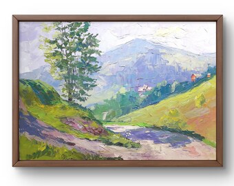 May include: A painting of a landscape with a river flowing through a valley. The river is surrounded by green hills and a blue mountain in the background. The sky is a light blue with white clouds.
