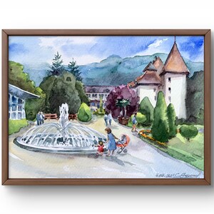 Dipinto ad acquerello paesaggio originale, dipinto su carta, paesaggio urbano, arte fatta a mano, natura, senza cornice, paesaggio fontana, arte murale