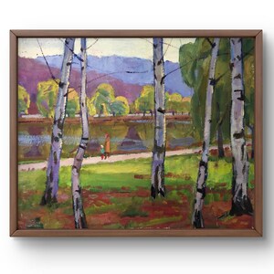 Pintura al óleo paisaje original, pintura al óleo sobre cartón, paisaje tranquilo de parque visto a través de una hilera de esbeltos abedules, hecho a mano, sin marco