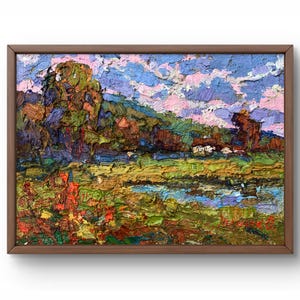 Pintura a óleo paisagem original, pintura em papelão, paisagem de lagoa, arte artesanal, natureza, sem moldura, cenário de verão, arte de parede
