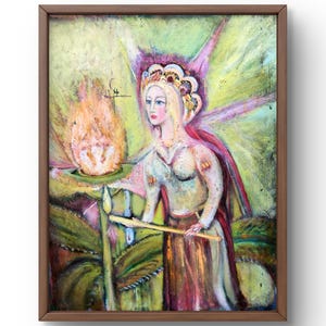 Pintura al óleo abstracta original, pintura al óleo sobre cartón, mujer con ropa brillante, antorcha encendida, arte hecho a mano, sin marco, arte de pared
