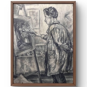 Retrato original pintado a lápiz, pintura a lápiz sobre cartón, artista trabajando en un caballete, proceso creativo, arte hecho a mano, sin marco, arte de pared