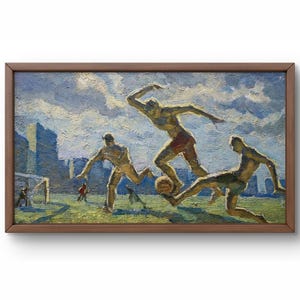 Pintura a óleo realismo social original, pintura a óleo sobre papelão, cena dinâmica de pessoas jogando futebol, arte feita à mão, emoldurada, arte de parede
