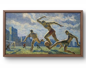 May include: A painting of three figures playing soccer on a field. The figures are painted in a stylized, almost cartoonish way, with exaggerated limbs and features. The background is a hazy blue sky with some clouds, and there are buildings in the distance. The painting is done in a loose, impressionistic style, with visible brushstrokes.