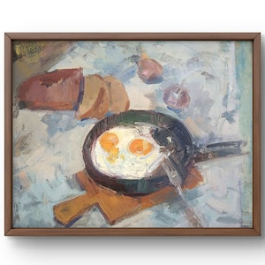 Pintura al óleo de naturaleza muerta original, pintura al óleo sobre cartón, intrincados detalles de cocina y huevos en una sartén, arte hecho a mano, sin marco