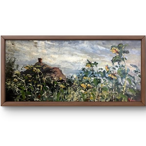 Pintura al óleo paisaje original, pintura al óleo sobre cartón, escena luminosa con altos girasoles y montaña con nubes, arte hecho a mano, enmarcado