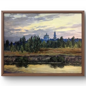 Pintura a óleo paisagem original, pintura em papelão, paisagem florestal, arte artesanal, natureza, sem moldura, paisagem fluvial, arte de parede