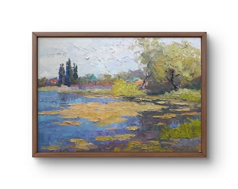 Oil painting landscape original oil painting on canvas summer river blue landscape handmade art nature unframed green forest wall art