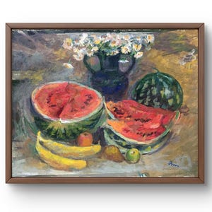 Pintura al óleo bodegón original, pintura al óleo sobre cartón, cuadro de sandía y frutas con flores en colores vivos, sin marco