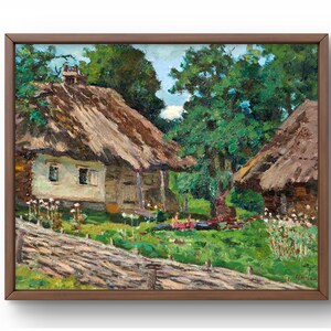 Pintura al óleo paisaje original, pintura al óleo sobre cartón, escena de cabañas rústicas con techos de paja, arte hecho a mano, enmarcado, arte de pared