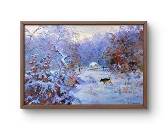 油絵の風景画オリジナル、ボール紙に描いた油絵、雪に覆われた冬の風景