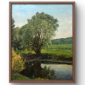 Pintura al óleo paisaje original, pintura al óleo sobre cartón, paisaje con árboles verdes, reflejo en el río, arte hecho a mano, enmarcado