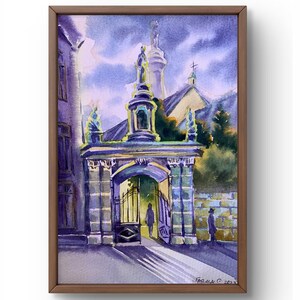 Acquerello dipinto paesaggio originale, dipinto su carta, paesaggio del tempio, arte fatta a mano, natura, senza cornice, paesaggio religioso, arte murale
