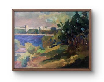 Dipinto a olio originale, paesaggio, vista della riva del fiume circondata da una vegetazione lussureggiante, opera d'arte fatta a mano, senza cornice, arte murale