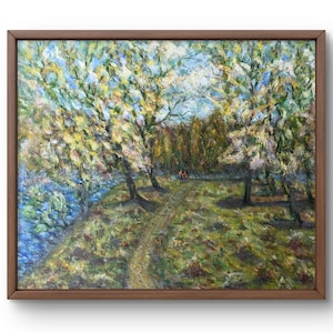 Oil painting landscape original oil painting on canvas summer green landscape handmade art forest unframed blue river landscape wall art