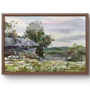 Dipinto ad acquerello paesaggio originale, dipinto su carta, paesaggio di casa, arte fatta a mano, natura, senza cornice, paesaggio di alberi, arte murale