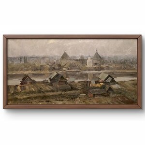 Pintura al óleo paisaje original, pintura al óleo sobre cartón, paisaje rural con casas de pueblo junto al río, arte hecho a mano, sin marco