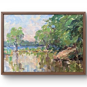 Pintura a óleo paisagem original, pintura em papelão, paisagem de rio, arte artesanal, natureza, sem moldura, cenário de verão, arte de parede