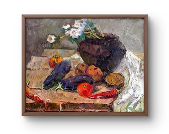 Oil painting still life original, painting on canvas, vegetables still life, handmade art, interior, unframed, food still life, wall art