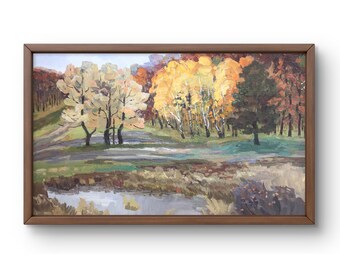 Dipinto a olio originale di paesaggio, dipinto a olio su tela, foresta autunnale con betulle dorate, riflessi nell'acqua, arte fatta a mano, senza cornice