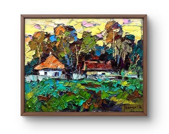 Oil painting landscape original, oil painting, scene with a white cottage and a red roof located among autumn trees, handmade art, unframed