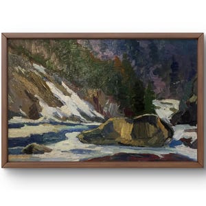 Oil painting landscape original, oil painting, serene mountain river with rocks and cascading water, handmade art, framed, wall art