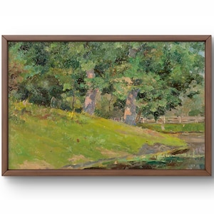 Pintura al óleo original de paisaje, pintura al óleo sobre cartón, parque sereno con exuberante vegetación y valla de madera, arte hecho a mano, enmarcado, arte de pared