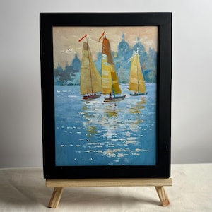 Oil painting landscape original, painting on cardboard, seascape, handmade art, nature, unframed, sailboat, sea trench, wall art