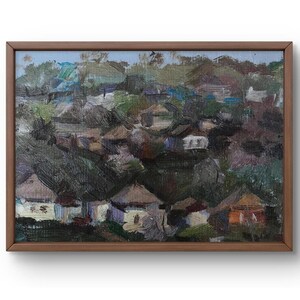 Pintura a óleo paisagem original, pintura em papelão, paisagem de aldeia, arte artesanal, natureza, sem moldura, paisagem de casa, arte de parede