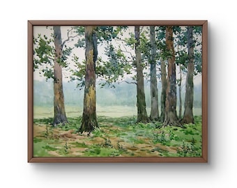 オリジナルの水彩画の秋の森、森の風景、森の絵、木々、下草、黄金色の