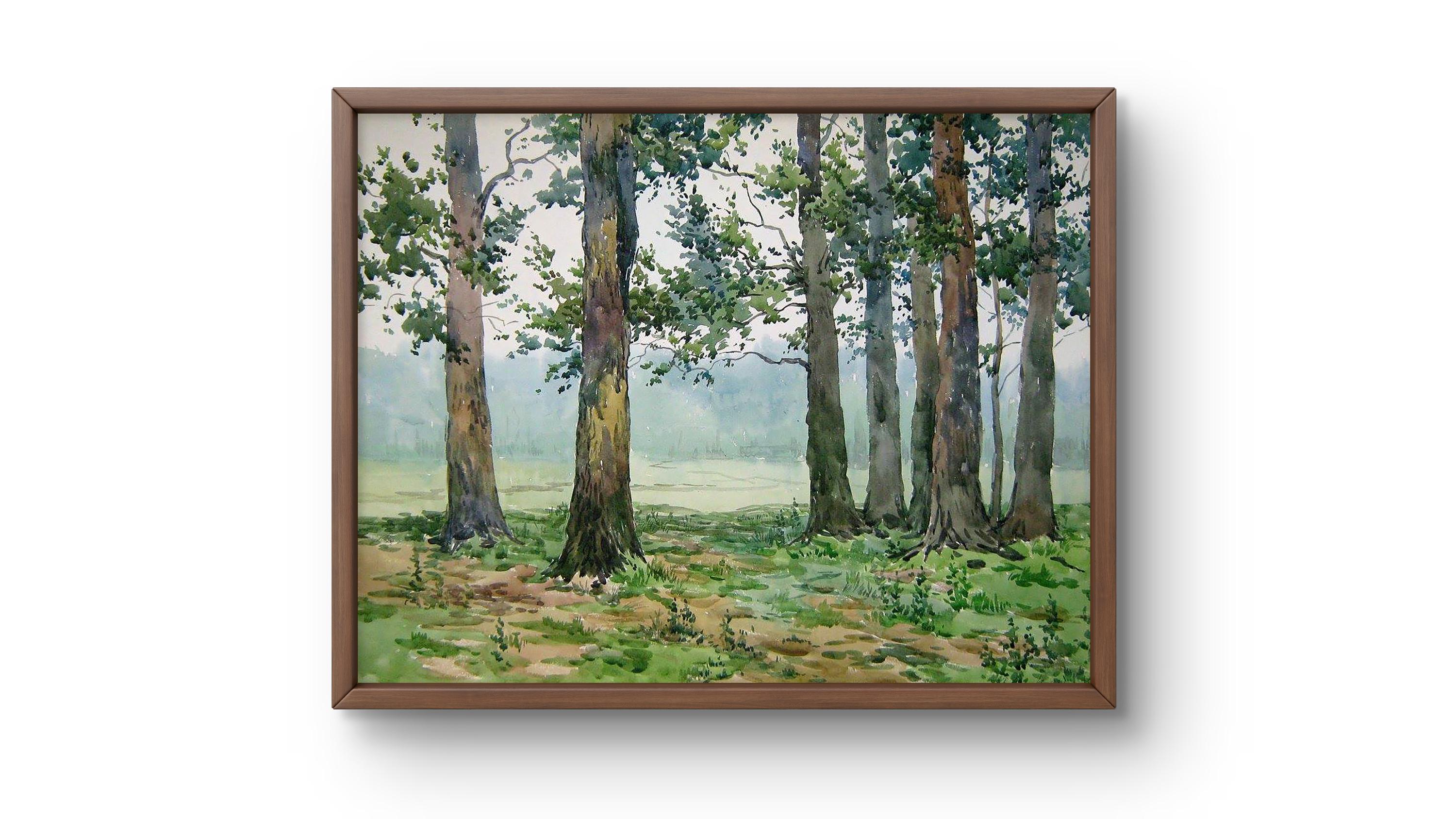 水彩風景画オリジナル、紙に描いた水彩画、静かな森の高い木々、手作り