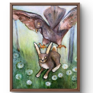 Retrato pintado al óleo original, pintura al óleo sobre cartón, águila con liebre, campo de dientes de león, día de verano, arte hecho a mano, sin marco, arte de pared
