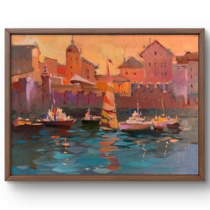 Pintura al óleo paisaje original, pintura sobre cartón, escena romántica, arte hecho a mano, naturaleza, sin marco, paisaje de club náutico, arte de pared