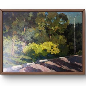 Pintura a óleo paisagem original, pintura em papelão, paisagem da cidade, arte artesanal, natureza, sem moldura, paisagem de árvores, arte de parede