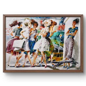 Watercolor painting portrait original, watercolor painting, bright group of stylish women in motion, handmade art, unframed, wall art