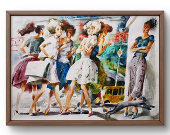 Watercolor painting portrait original, watercolor painting, bright group of stylish women in motion, handmade art, unframed, wall art