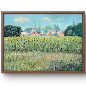 Pintura al óleo paisaje original, pintura sobre cartón, paisaje de girasoles, arte hecho a mano, naturaleza, sin marco, paisaje de verano, arte de pared